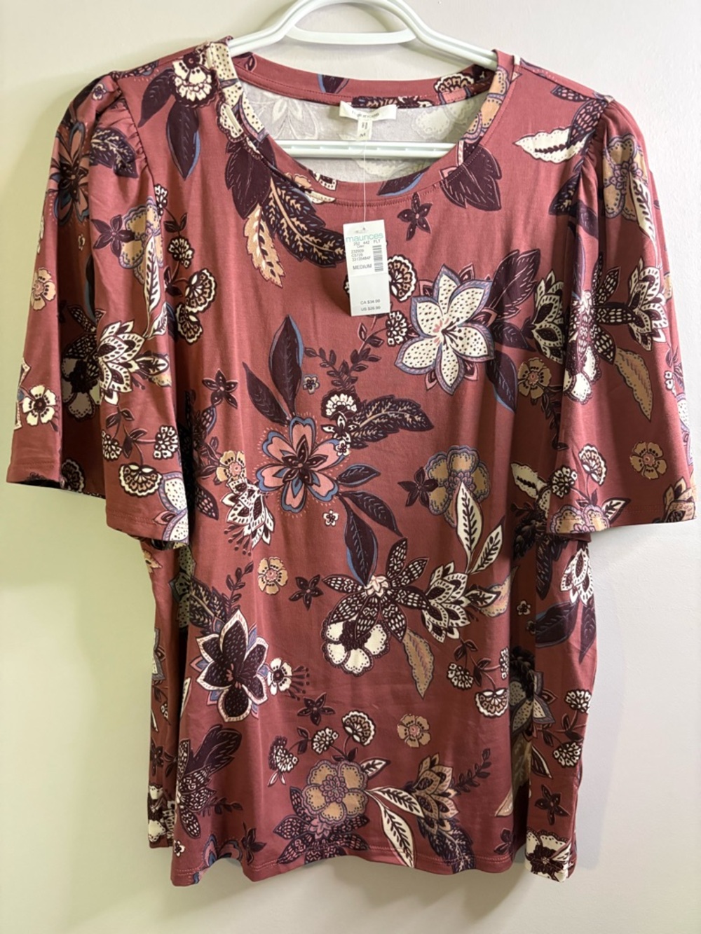 Maurices Floral Short-Sleeve Scoop Neck Top - Dusty Rose NWT